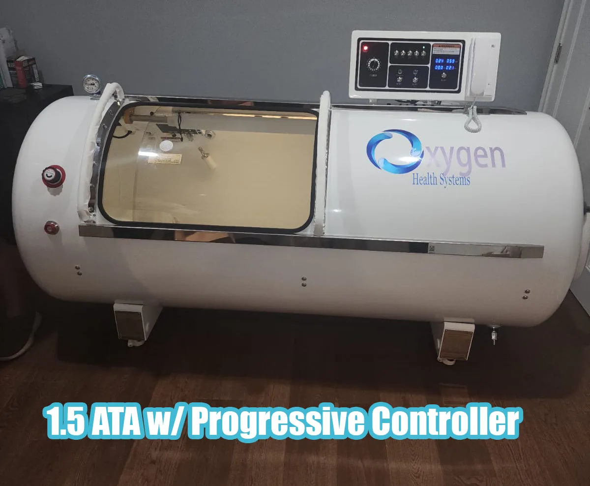 Hard-shell hyperbaric chamber rated to 1.5 ATA with acrylic view ports, installed and pressure tested.
